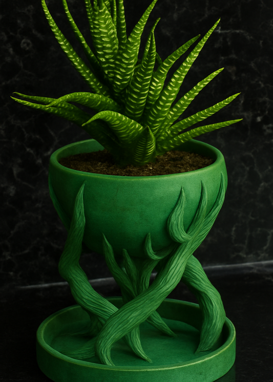 Green potted plant with unique pot design on a dark background