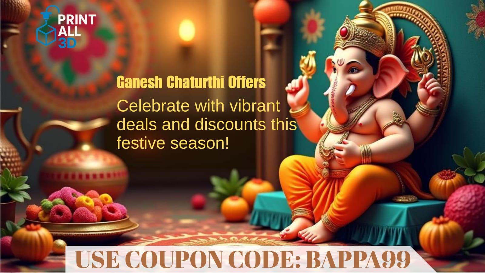 Ganesh idol with festive decorations and promotional text for Ganesh Chaturthi offers.