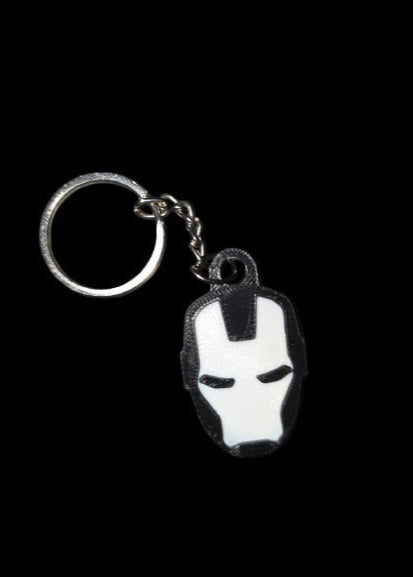 Keychain with a black and white mask design on a black background